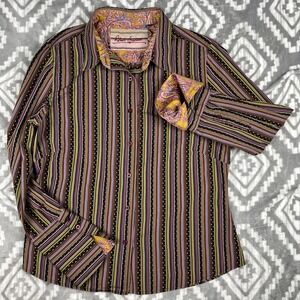 Robert Graham Womens M Striped Button Front Shirt Colorful Paisley Flip Cuff